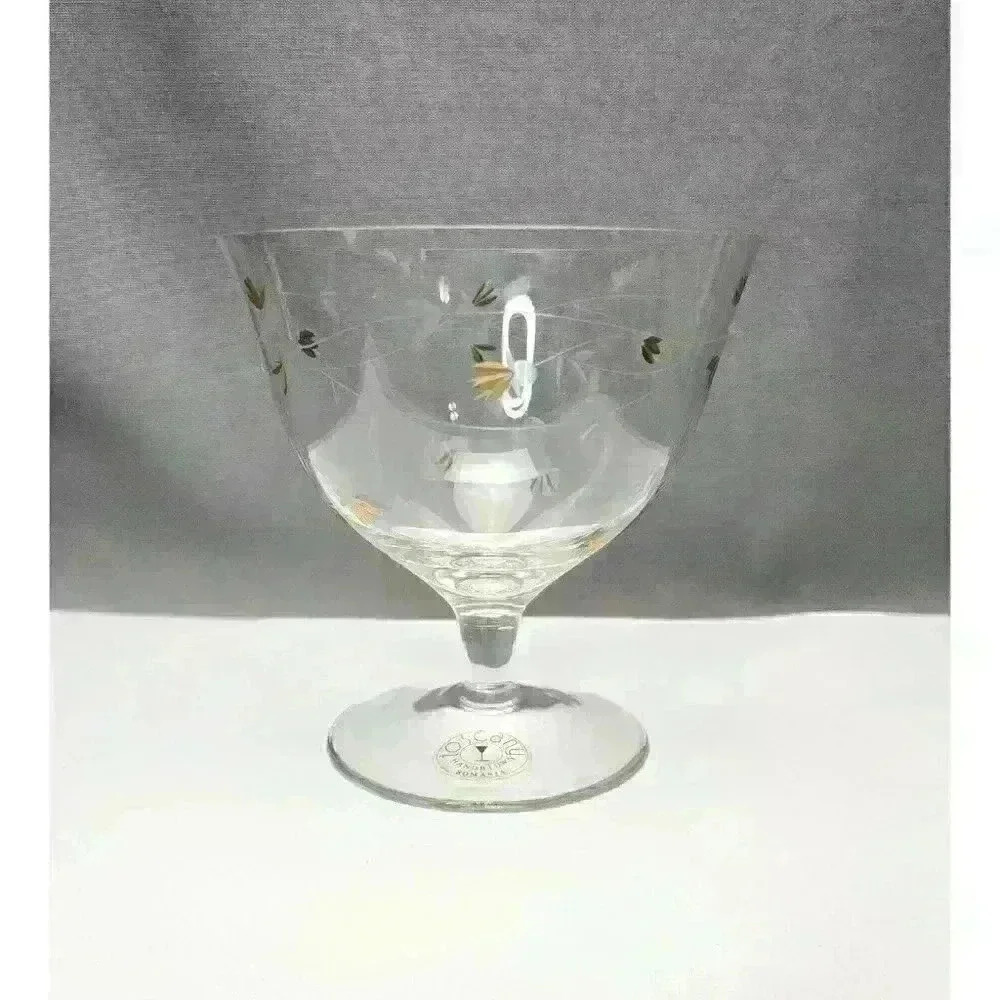 Toscany Hand Blown Crystal Compote Bowl Cut Glass Gold Flowers Pedestal Footed